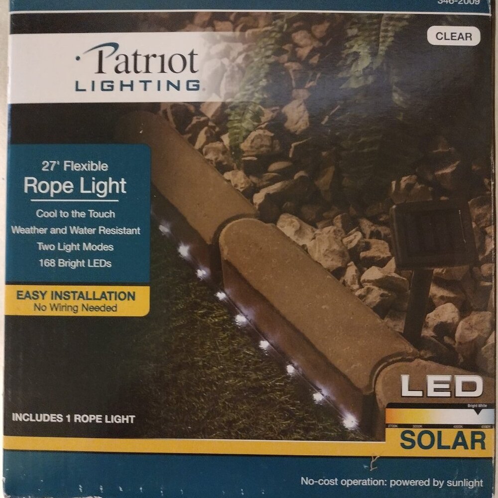 NIB Patriot Lighting Clear LED Solar Powered 27' Flexible Rope Light.